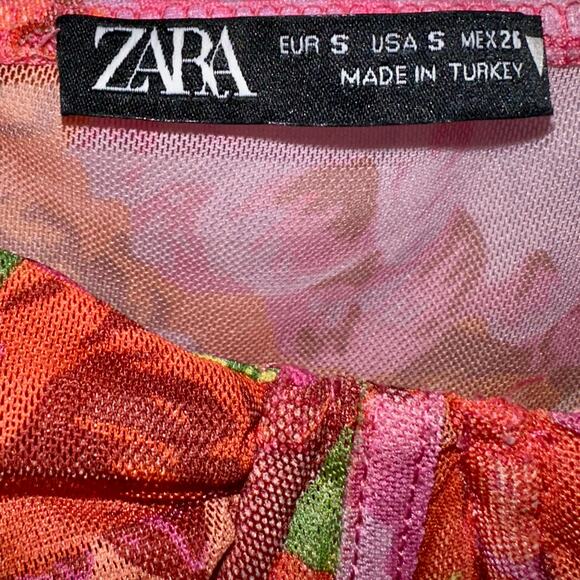 Zara Floral Pink Mesh Bustier Corset Ruched Crop Top Size Small - Picture 5 of 10